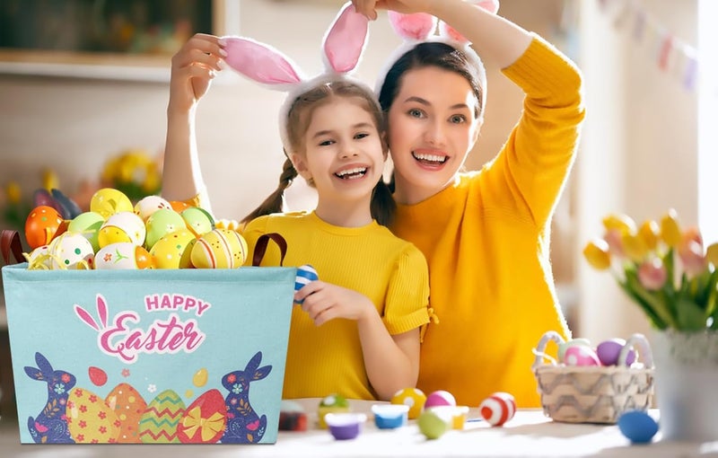 CLOCOR Rectangular Blue Easter Egg Gift Basket Empty,Waterproof Storage Basket with Handles,Room Decor(Blue Easter Bunny) - Image 3